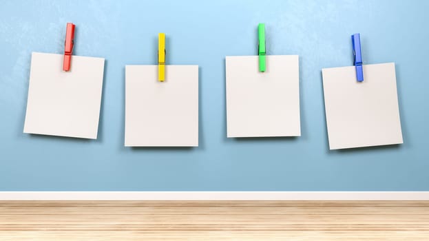 Four Blank Paper Notes with Colorful Clothespin Against Blue Wall in the Room 3D Illustration