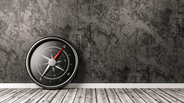 Metallic Compass with Red Magnetic Needle Pointing Toward the North on Wooden Floor Against a Plastered Wall with Copyspace, 3D Illustration