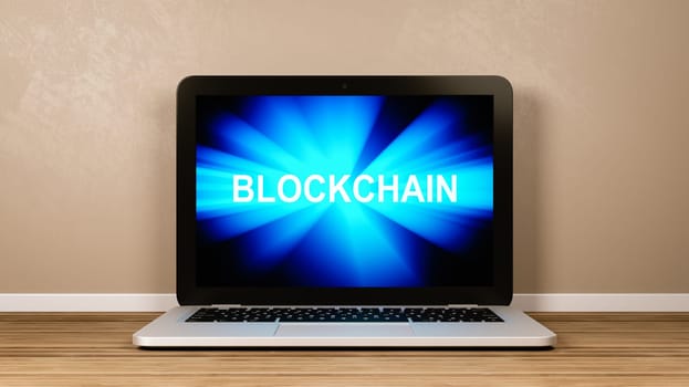 Laptop Computer with Emitting Blue Rays Blockchain Text on the Screen in the Room 3D Illustration, Blockchain Technology Concept
