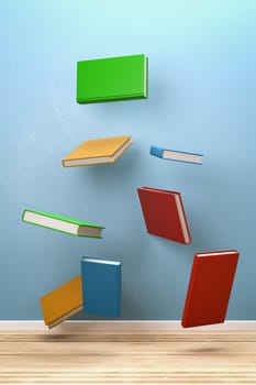 Colorful Set of Books Flying in a Blue Wall Room 3D Illustration
