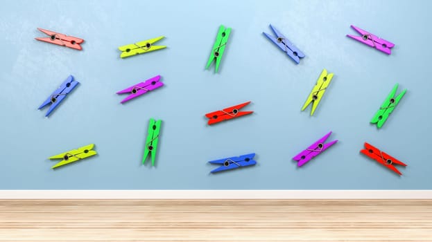 Colorful Plastic Clothespin on the Blue Wall in the Room 3D Illustration