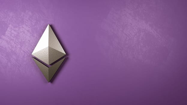 Metallic Ethereum Symbol Shape Against Purple Wall with Copy Space 3D Illustration