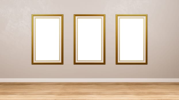 Triptych of Classic Rectangular Empty Golden Picture Frame at the Wall in the Room 3D Render