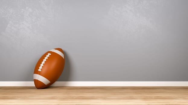 American Football on Wooden Floor Against Blue Gray Wall with Copyspace 3D Illustration