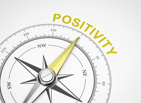 Magnetic Compass with Needle Pointing Yellow Positivity Word on White Background 3D Illustration