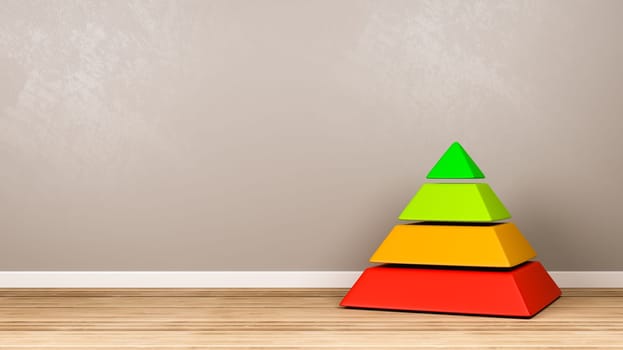Four Levels Pyramid Structure Red to Green Color on Wooden Floor Against Gray Wall with Copy Space 3D Illustration