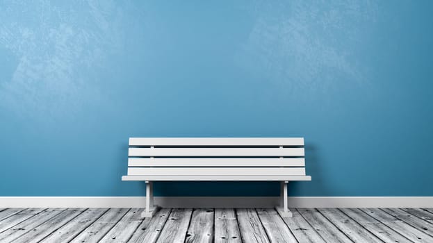 White Bench on Wooden Floor Against Blue Wall with Copy Space 3D Illustration