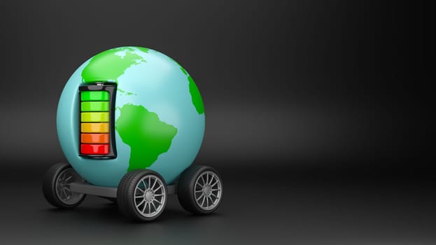 World Planet with Wheels Powered by an Electric Battery on Black Background with Copyspace 3D Illustration
