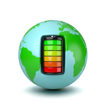 Earth Planet Powered by an Electric Battery on White Background 3D Illustration