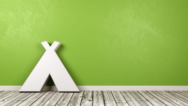White Tent 3D Symbol Shape on Wooden Floor Against Green Wall with Copy Space 3D Render