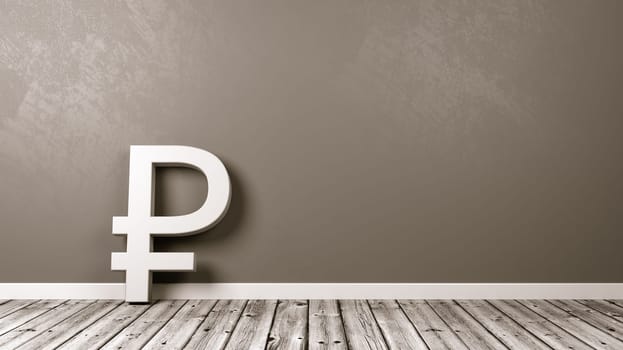 White Ruble Currency Symbol Shape on Wooden Floor Against Gray Wall with Copy Space 3D Illustration