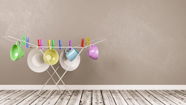 Crockery Hanging on White Clothes Drying Rack in a Gray Wall Room with Copy Space 3D Illustration, Domestic Chores Concept