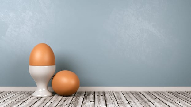 White Egg Cup with Egg on Wooden Floor Against Blue Gray Wall with Copy Space 3D Illustration