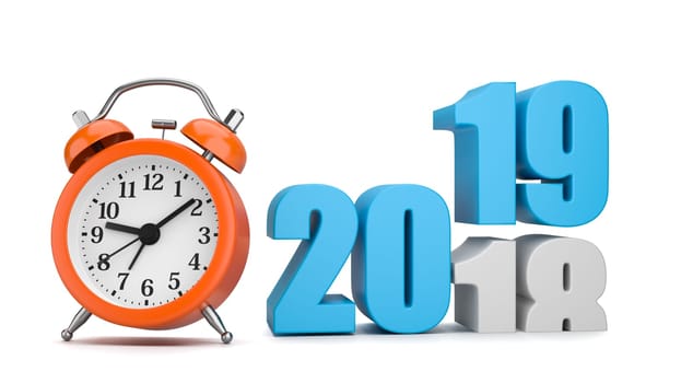 Blue 2019 Year Number Text on Top of 2018 with Orange Alarm Clock on White Background 3D Illustration. Time Passes Concept