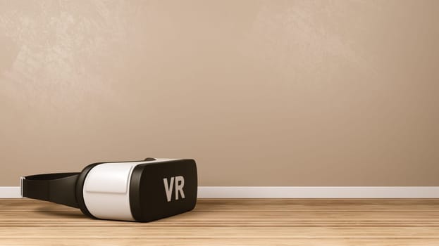 Black and White VR Virtual Reality Headset on Wooden Floor in the Room with Copy Space 3D Illustration