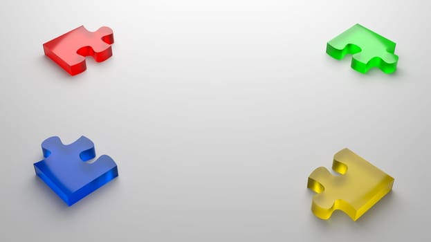 Four Color Glassy Puzzle Pieces with Copyspace 3D Illustration on Gray Background, Cooperation Concept