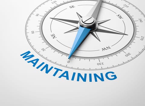 Magnetic Compass with Needle Pointing Blue Maintaining Word on White Background 3D Illustration