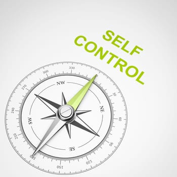 Magnetic Compass with Needle Pointing Green Self-Control Text on White Background 3D Illustration