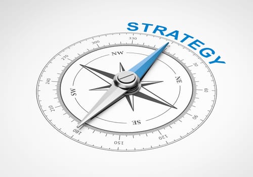 Magnetic Compass with Needle Pointing Blue Strategy Word on White Background 3D Illustration