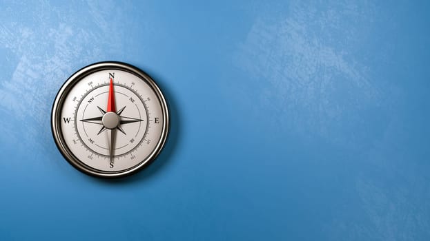Metallic Compass with Red Magnetic Needle Pointing Toward the North Against a Plastered Blue Wall with Copyspace, 3D Illustration