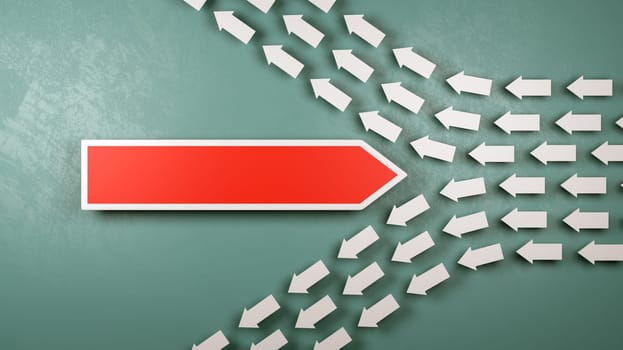 Red Arrow with White Small Arrows Moving in the Opposite Direction, Against the Stream Concept 3D Illustration