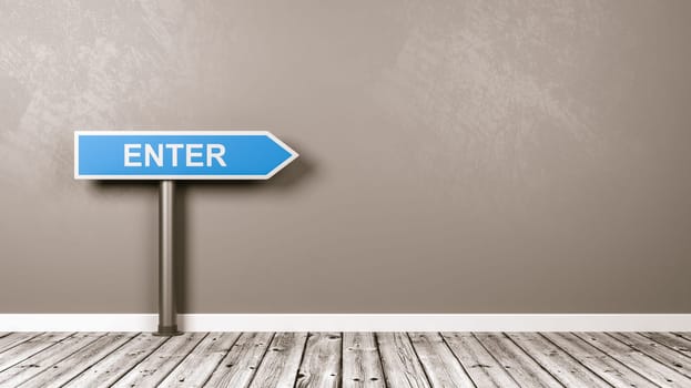 Blue Enter Directional Arrow on Wooden Floor Against Gray Wall with Copy Space 3D Illustration