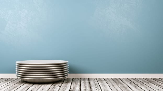 Stack of White Porcelain Dishes on Wooden Floor Against Blue Wall with Copy Space 3D Illustration