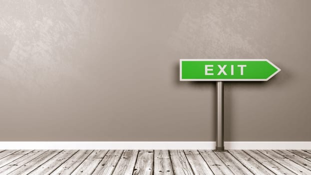 Green Exit Directional Arrow on Wooden Floor Against Gray Wall with Copy Space 3D Illustration