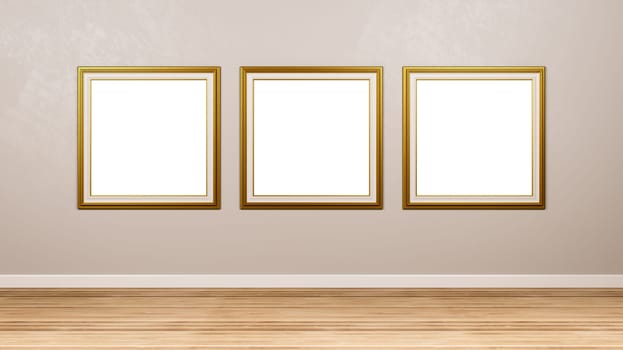 Triptych of Classic Square Empty Golden Picture Frame at the Wall in the Room 3D Render