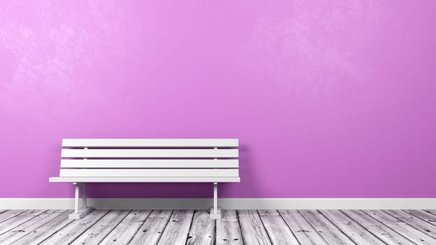 White Bench on Wooden Floor Against Pink Wall with Copy Space 3D Illustration