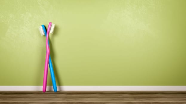 Couple of Blue and Pink Plastic Toothbrushes on Wooden Floor Against Green Wall with Copy Space 3D Illustration