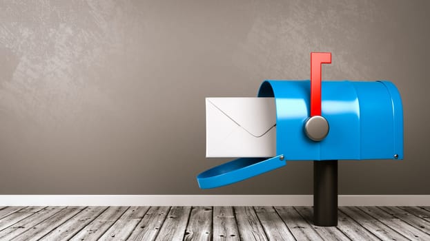 Blue Mailbox with Envelop on Wooden Floor in a Gray Wall Room with Copy Space 3D Illustration