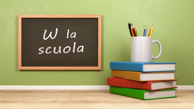 Stationery on Stack of Books and Blackboard with "W la scuola"" Italian Language Text"