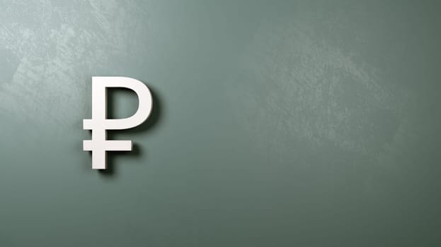 White Ruble Currency Symbol Shape Against Blue Gray Wall with Copy Space 3D Illustration