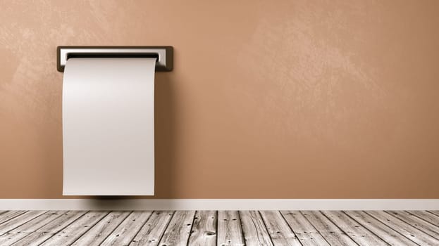White Blank Ticket Receipt Coming Out from the Wall of a Wooden Floor Room with Copy Space 3D Illustration