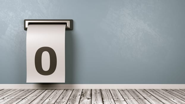 White Ticket Receipt with Zero Number Text Coming Out from the Wall of a Wooden Floor Room with Copy Space 3D Illustration