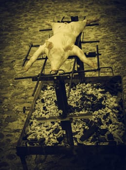 Pig roasted in embers, celebration and traditional food