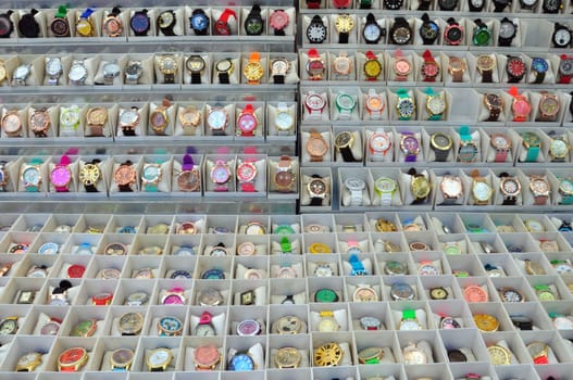 ATHENS, GREECE - AUGUST 15, 2014: Wrist watches for sale on street market.