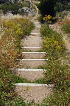 Trail footpath with crooked steps on hill slope.