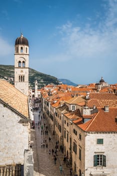 Dubrovnik, Croatia - April 2018 : Church bell tower and rooftops of old houses in Dubrovnik, viewed from the Old Town fortified walls