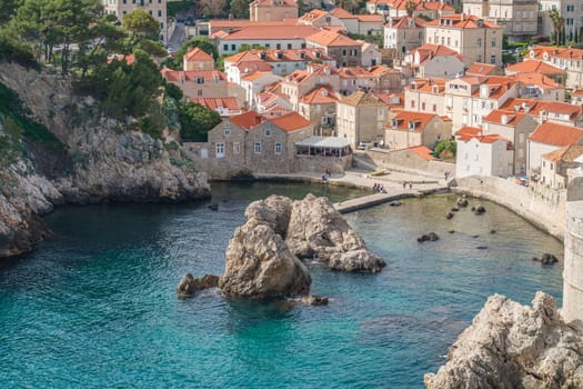 Dubrovnik, Croatia - April 2018 : Rocky bay and boat landing in Dubrovnik Old Town