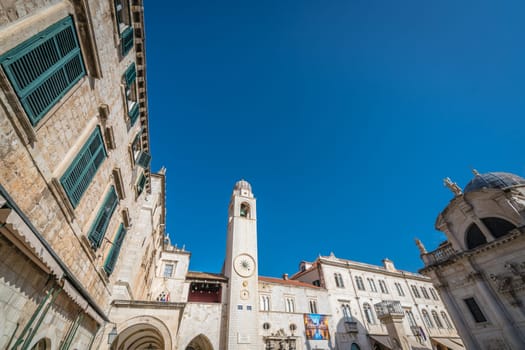 Dubrovnik, Croatia - April 2018 : View of the buildings of the Dubrovnik Old Town and Dominican church tower