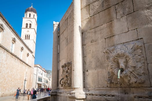 Dubrovnik, Croatia - April 2018 : Closeup detail of the famous Dubrovnik Stradun street Onofrio Fountain in the Old Town