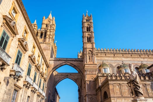 View of the Palermo Cathedral and beautiful blue sky in Palermo, Italy