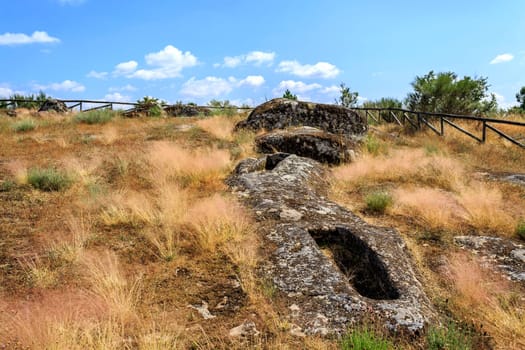 View of Early Middle Ages non-anthropomorphic grave of the 7th or 8th century at the Forcadas Necropolis Site near Fornos de Algodres, Beira Alta, Portugal