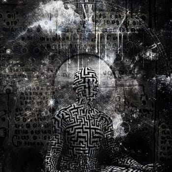 Abstract painting. Figure of man in lotus pose. Ancient text and symbols on the background. 3D rendering
