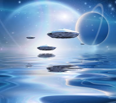Exosolar Planets Rise over quiet waters. Spacecrafts. 3D rendering