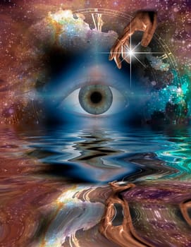 Surreal digital art. Eye and hand of God reflected in water surface.