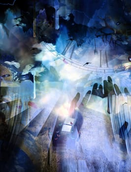 Surreal composition. Hands of prayer. Lightbulb represents ideas. Birds. 3D rendering