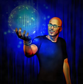 Futuristic digital painting. Bald man in glasses holds hologram sphere.